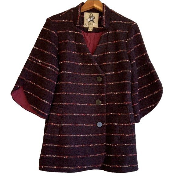 Alice's Pig Womens Striped Boucle Coat Size 6 Off Center Buttons 3/4 Bell Sleeve - Picture 1 of 15